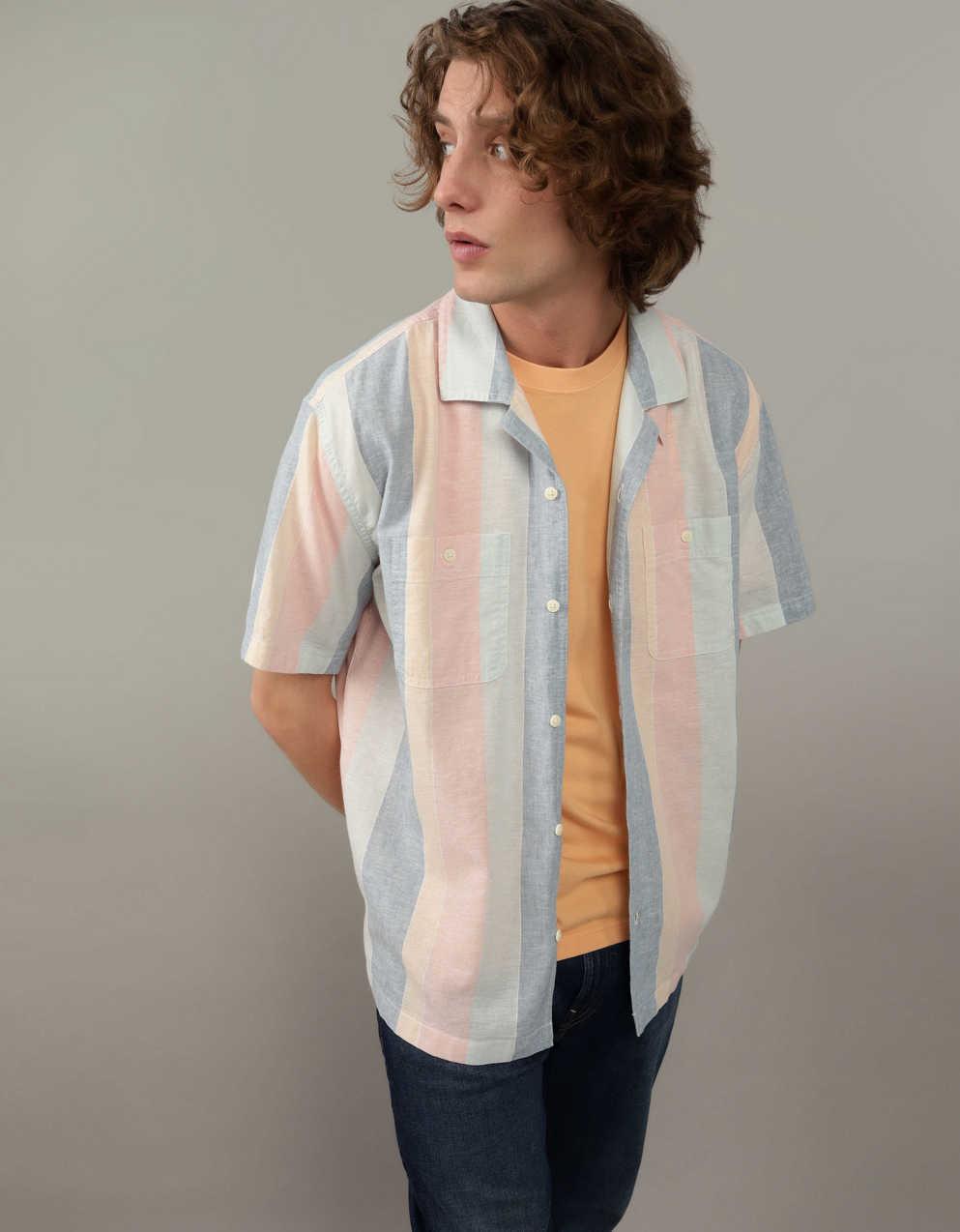 AE Poolside Linen-Blend Striped Button-Up Shirt