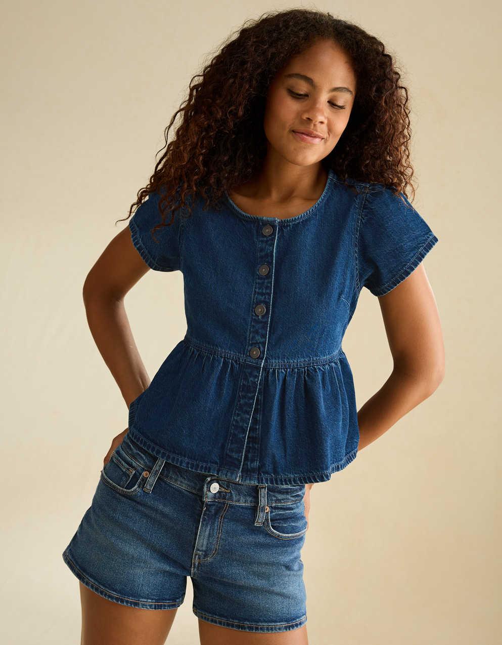 AE Short-Sleeve Denim Peplum Top
