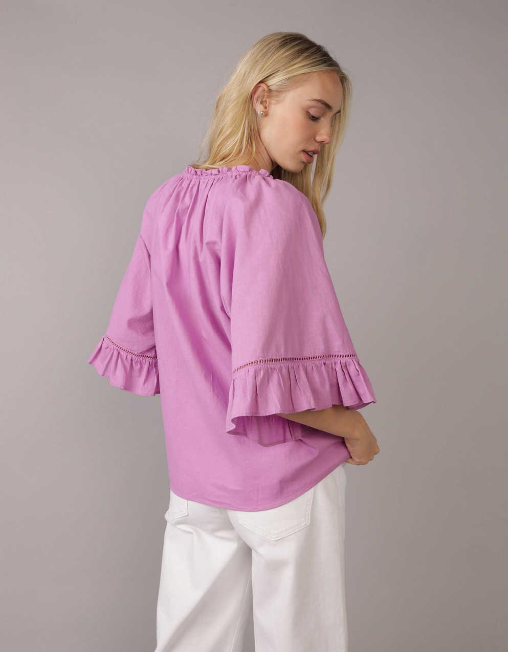 AE Linen-Blend Ruffle Blouse