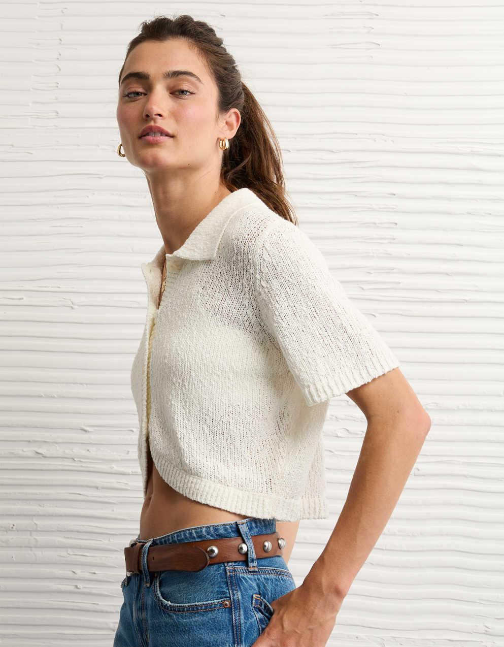 AE Short-Sleeve Collared Button-Up Cardigan