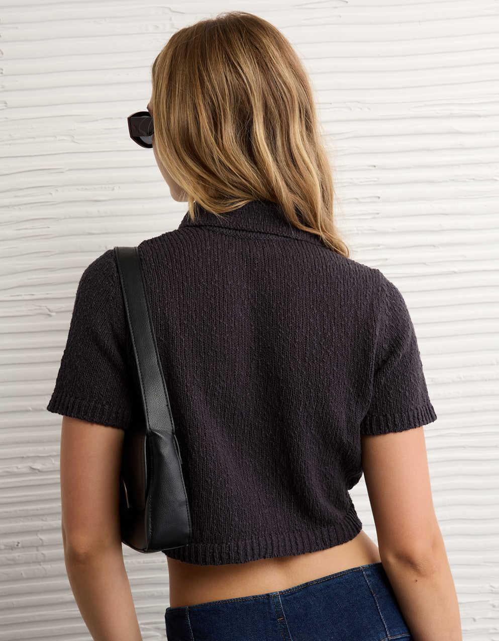 AE Short-Sleeve Collared Button-Up Cardigan
