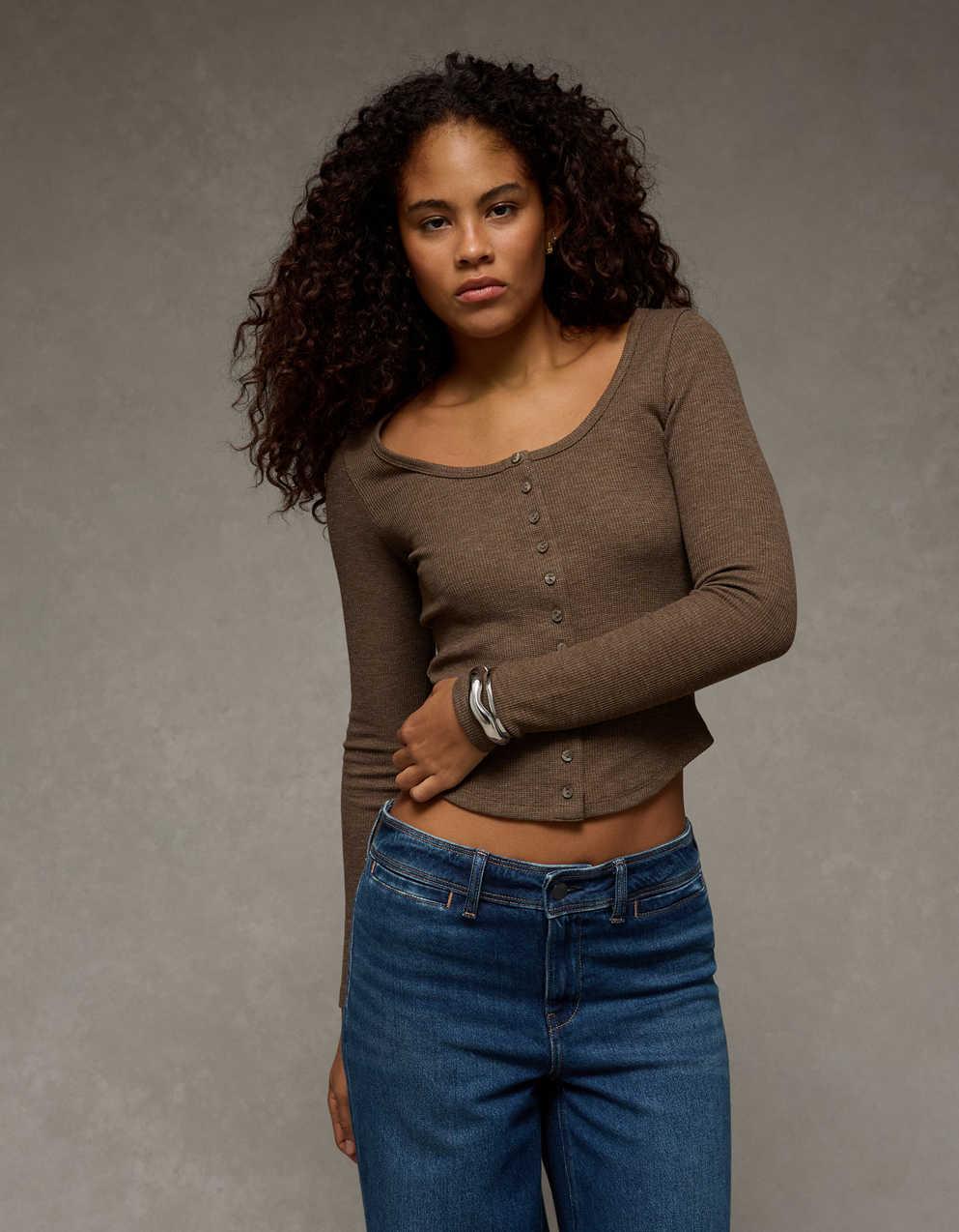 AE Waffle Long Sleeve Button-Up Tee