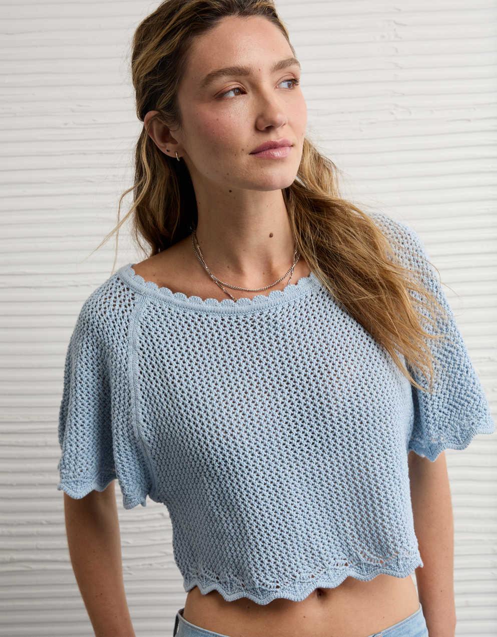 AE Off-the-Shoulder Cropped Crochet Tee