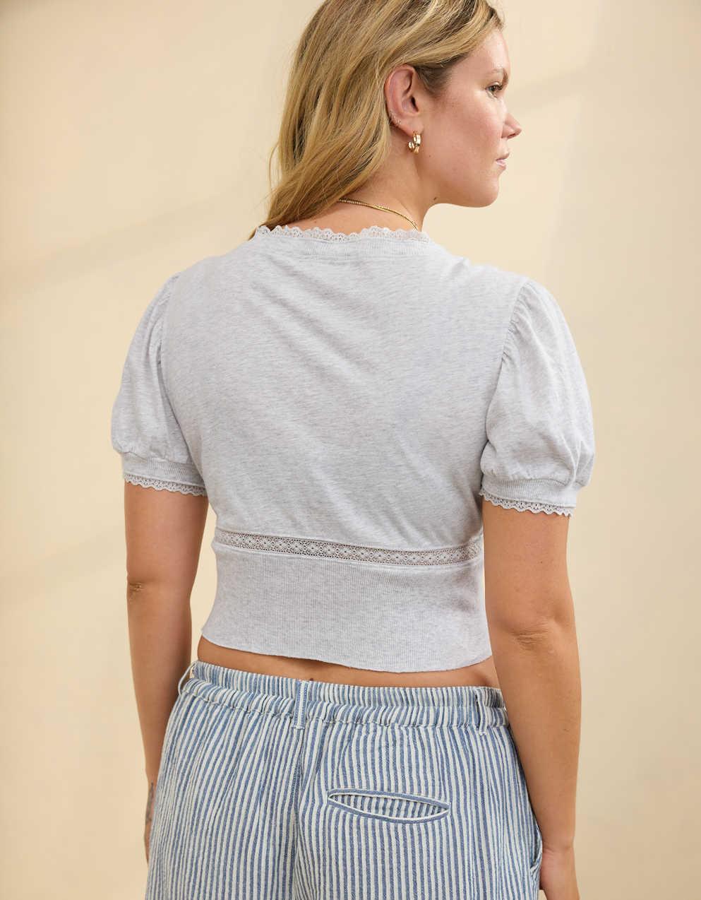 Aerie Cropped Lace Trim V-Neck T-Shirt