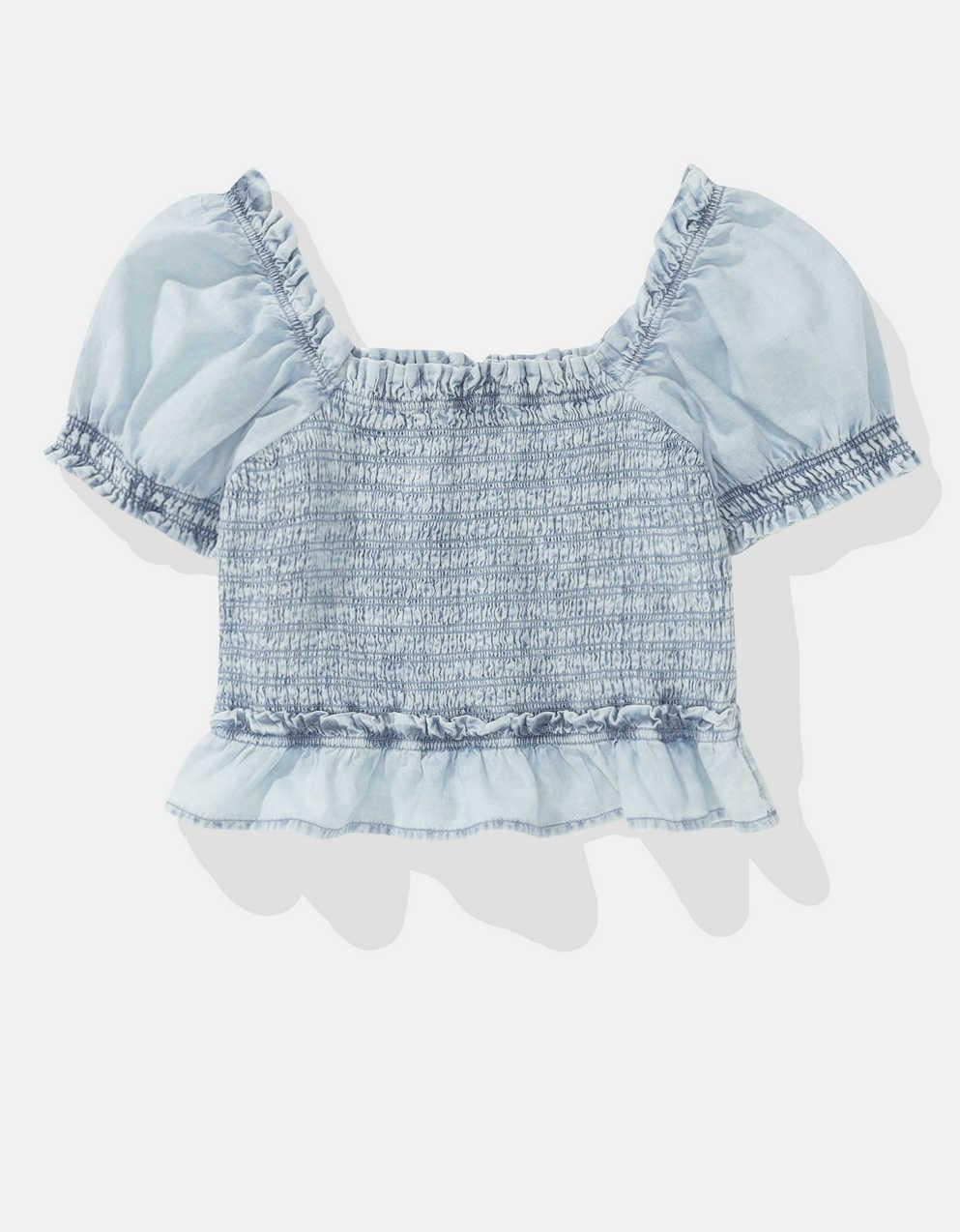 AE High Neck Puff Sleeve Smocked T-Shirt