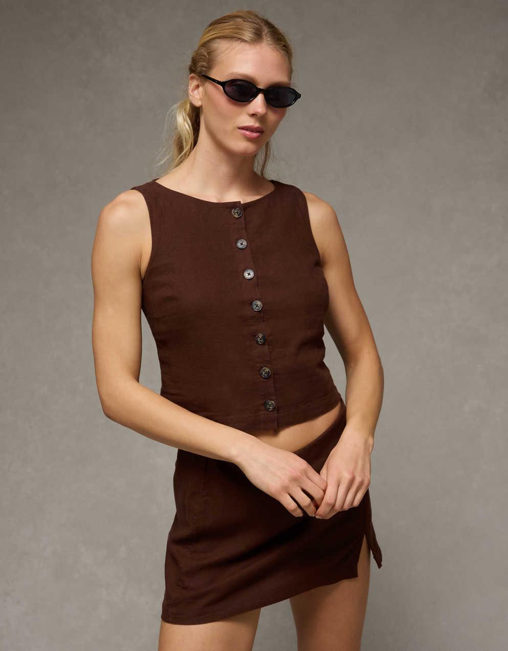AE Linen-Blend High-Neck Vest