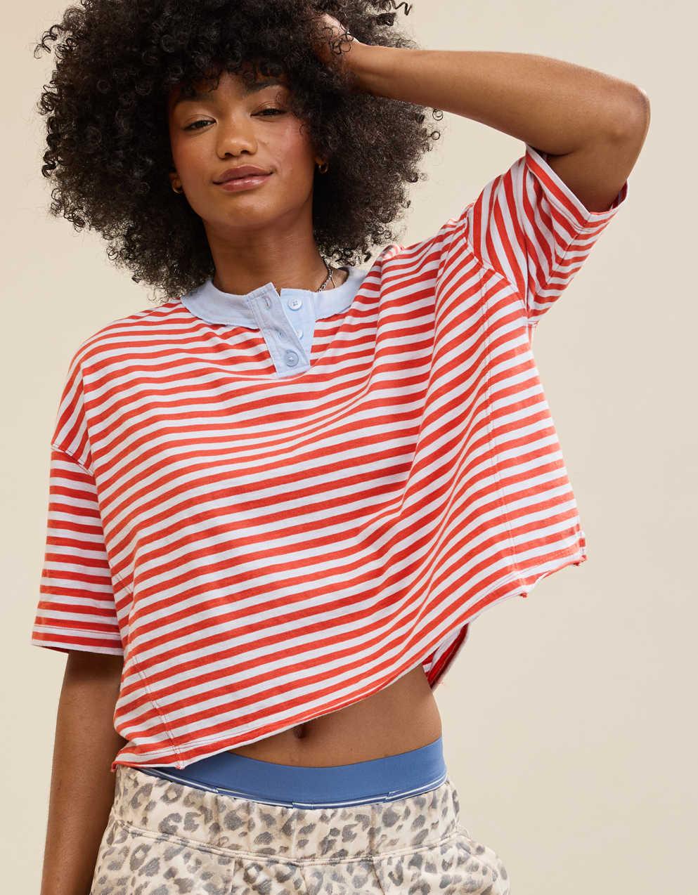 Aerie Remix Henley Cropped T-Shirt