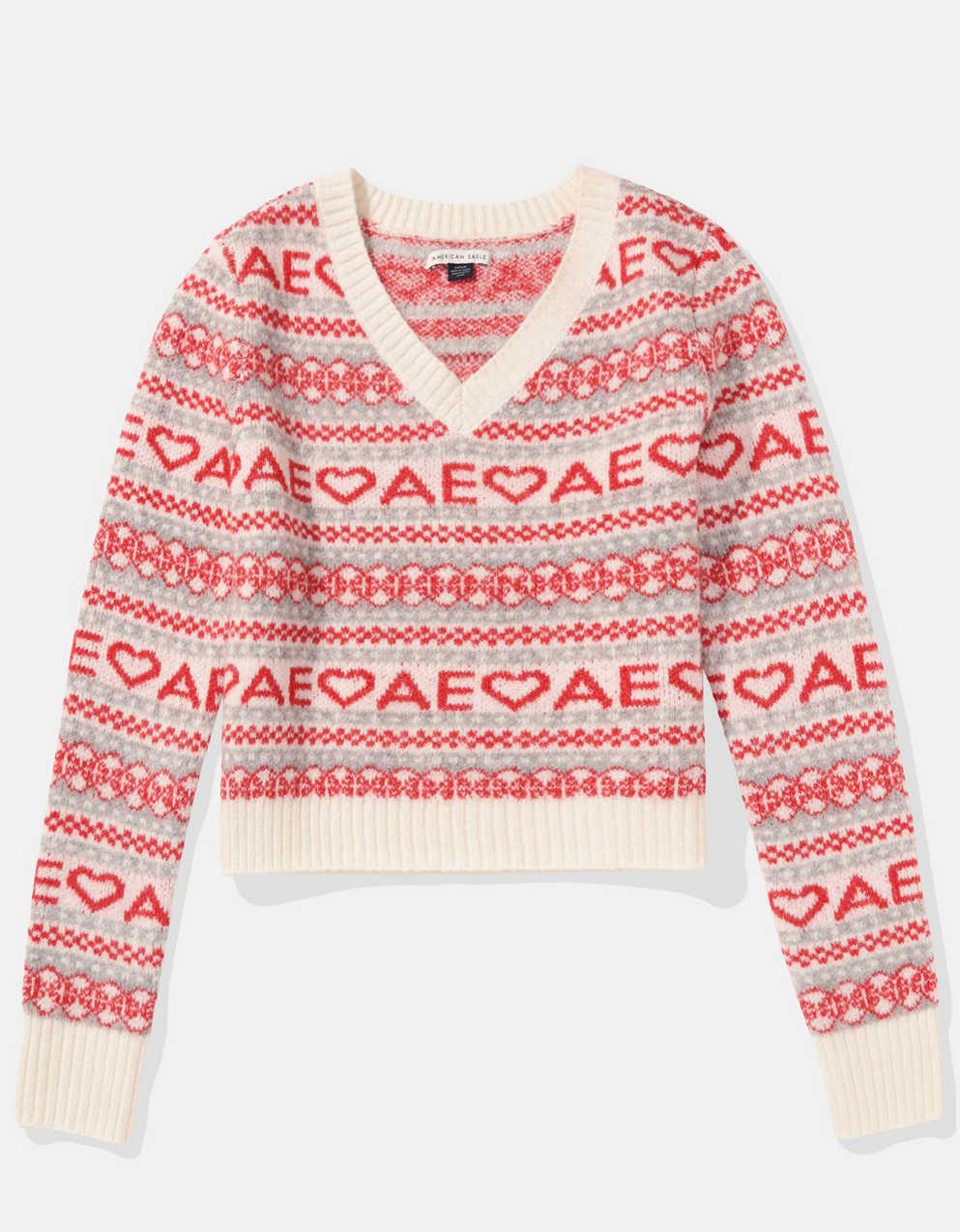 AE Shrunken V-Neck Branded Fairisle Sweater