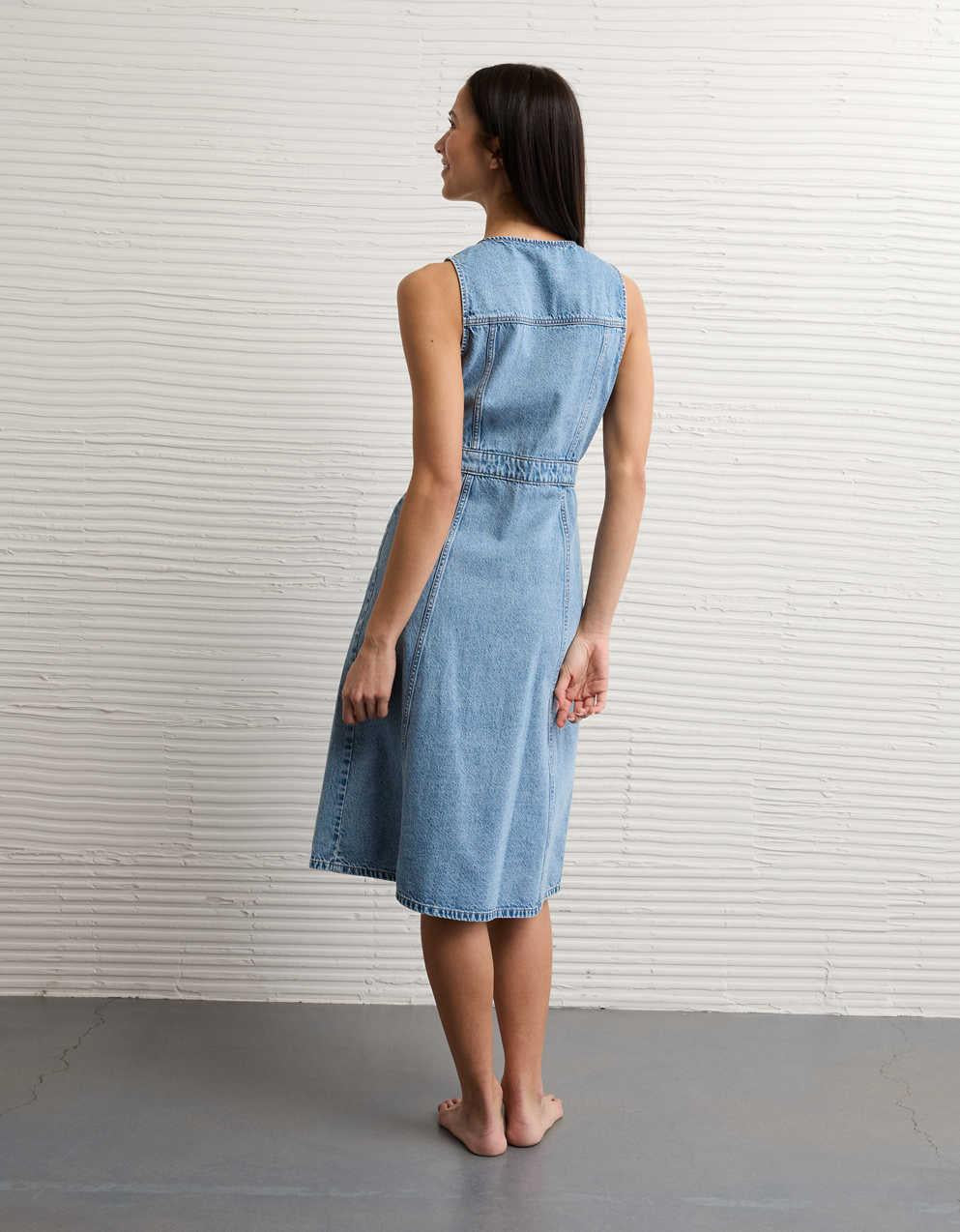 AE Button-Up Denim Midi Dress