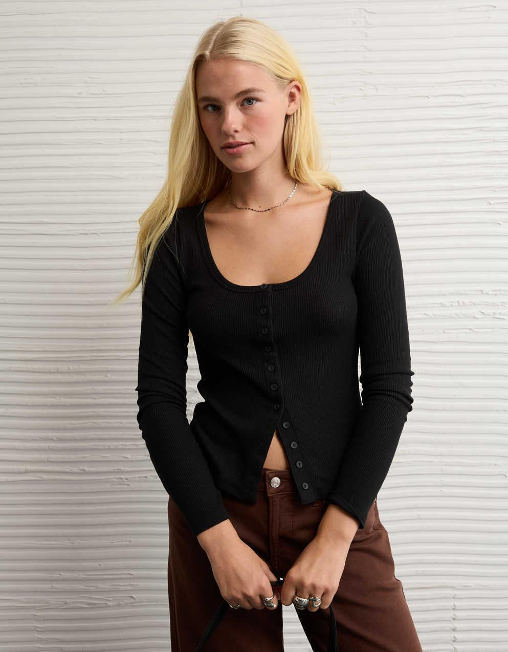 AE Waffle Long Sleeve Button-Up Tee
