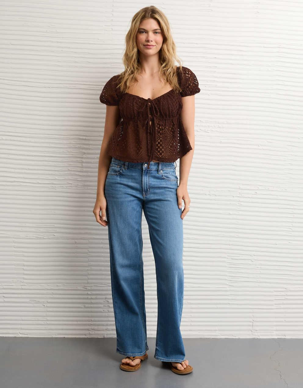 AE Lace Tie-Front Puff Sleeve Tee