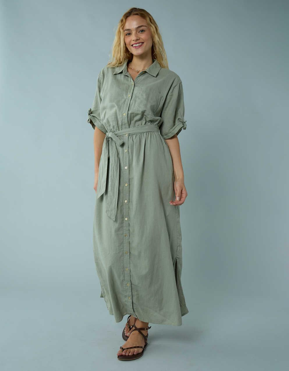 AE Short-Sleeve Midi Shirt Dress