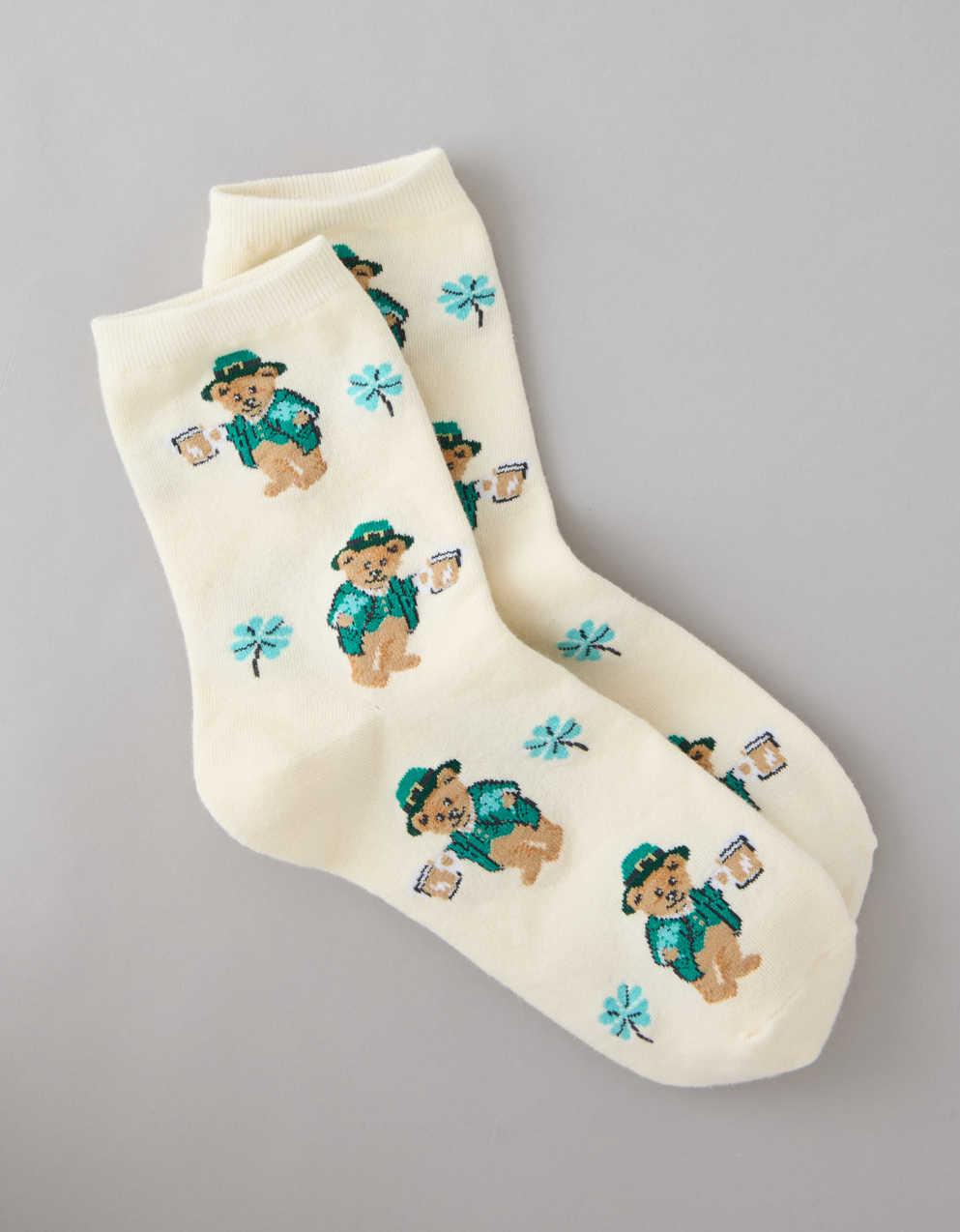 AE St. Patty's Teddy Bear Cropped Crew Socks