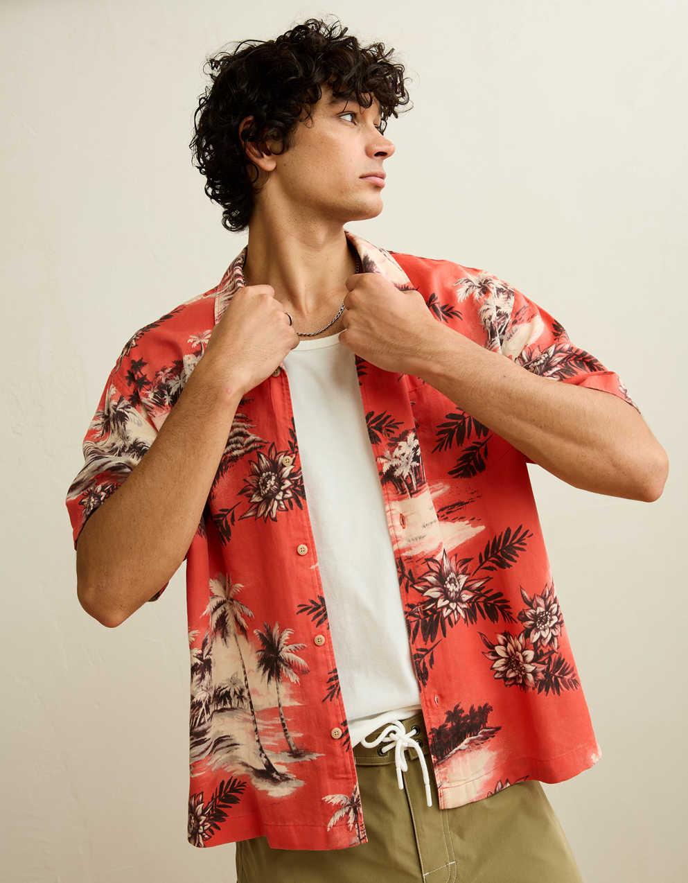 AE Relaxed Fit Camp Collar Button-Up Shirt