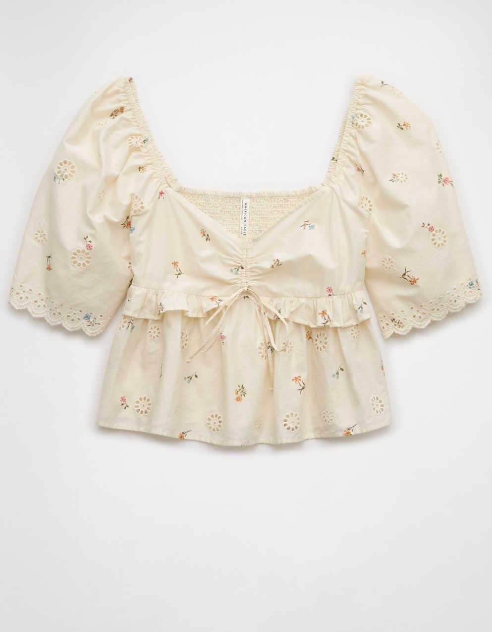 AE Flutter Sleeve Eyelet Babydoll Blouse