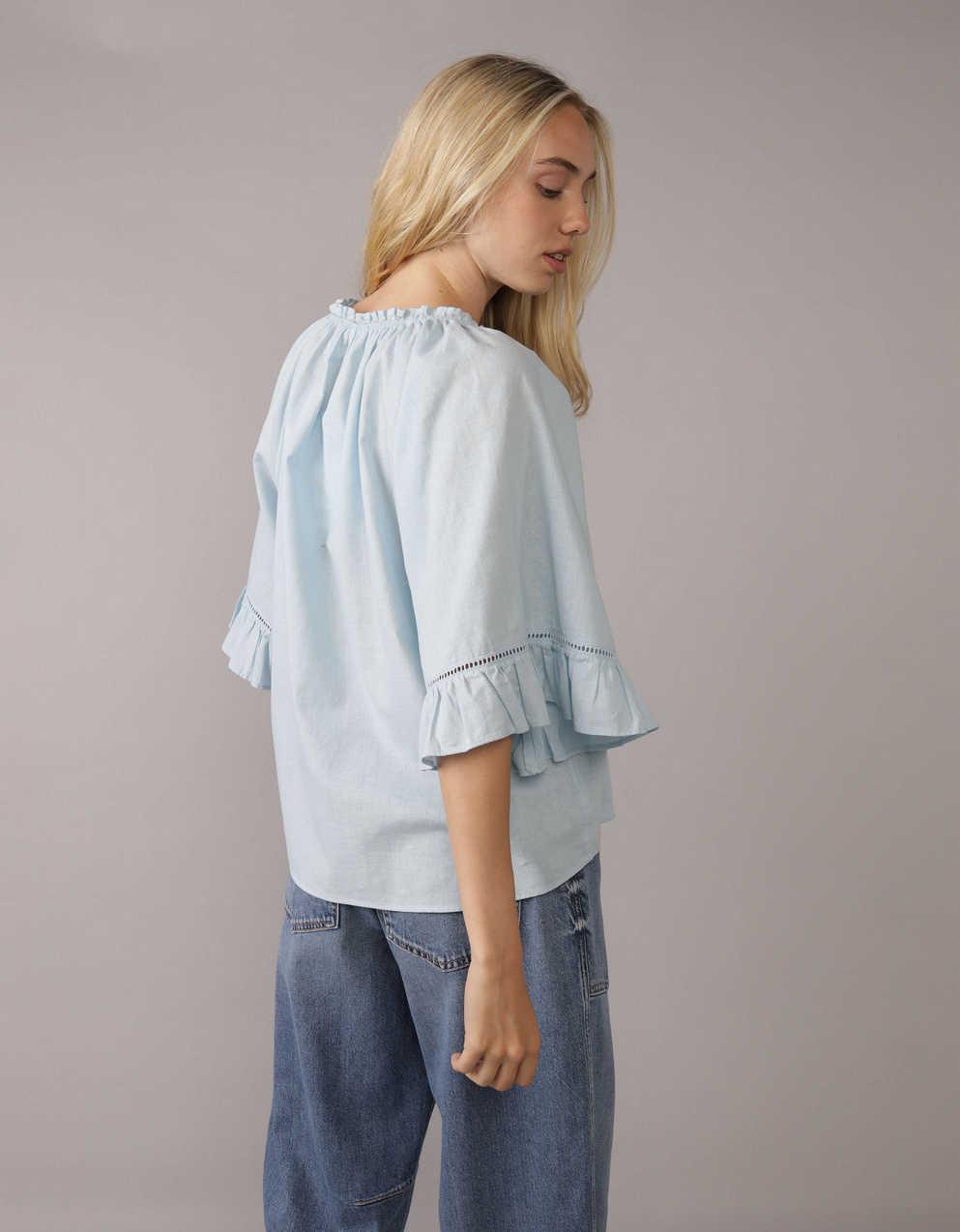 AE Linen-Blend Ruffle Blouse