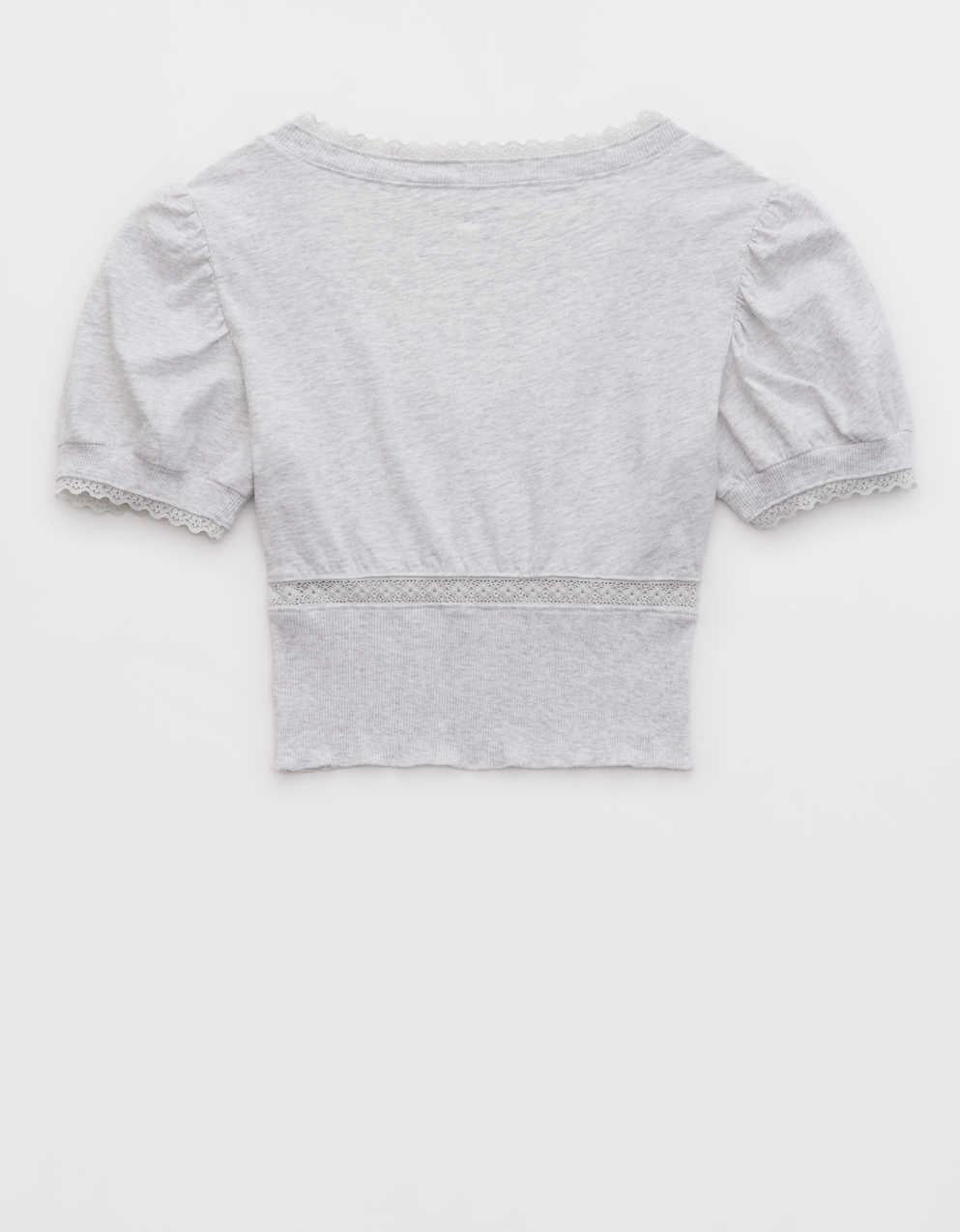 Aerie Cropped Lace Trim V-Neck T-Shirt