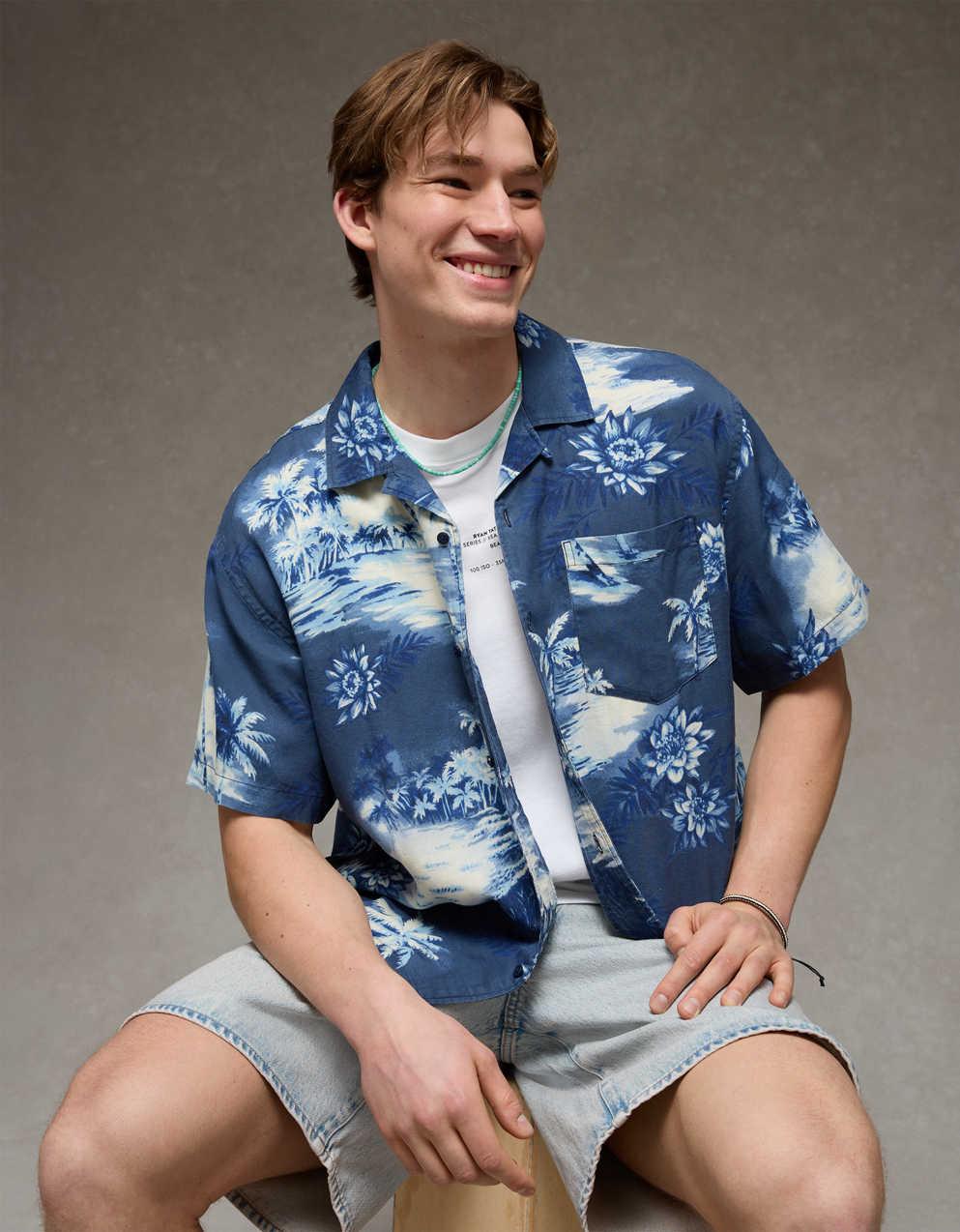 AE Relaxed Fit Camp Collar Button-Up Shirt