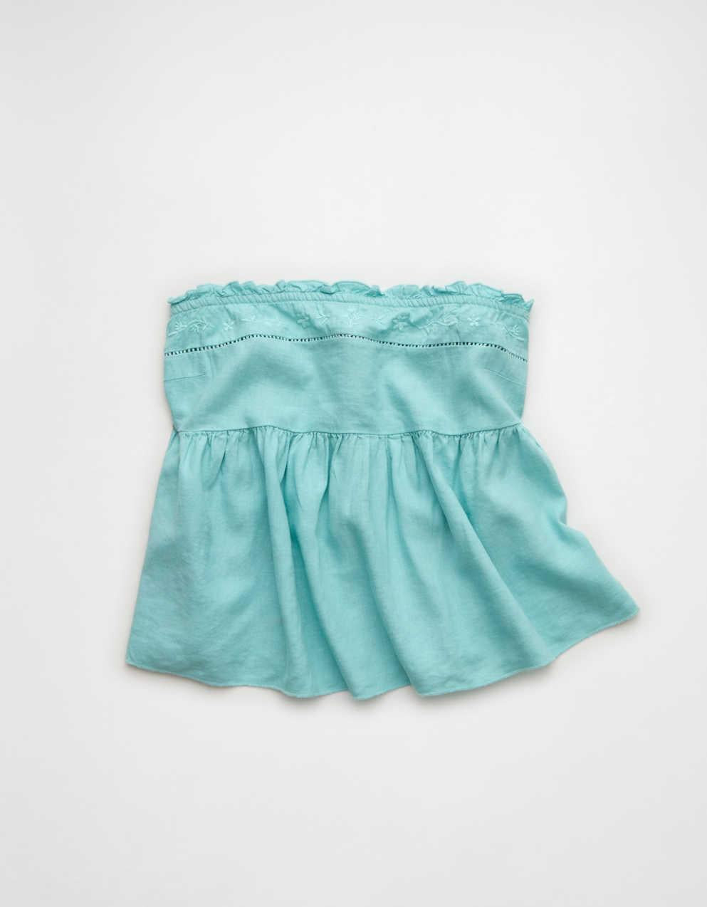 AE Embroidered Strapless Babydoll Linen-Blend Tube Top