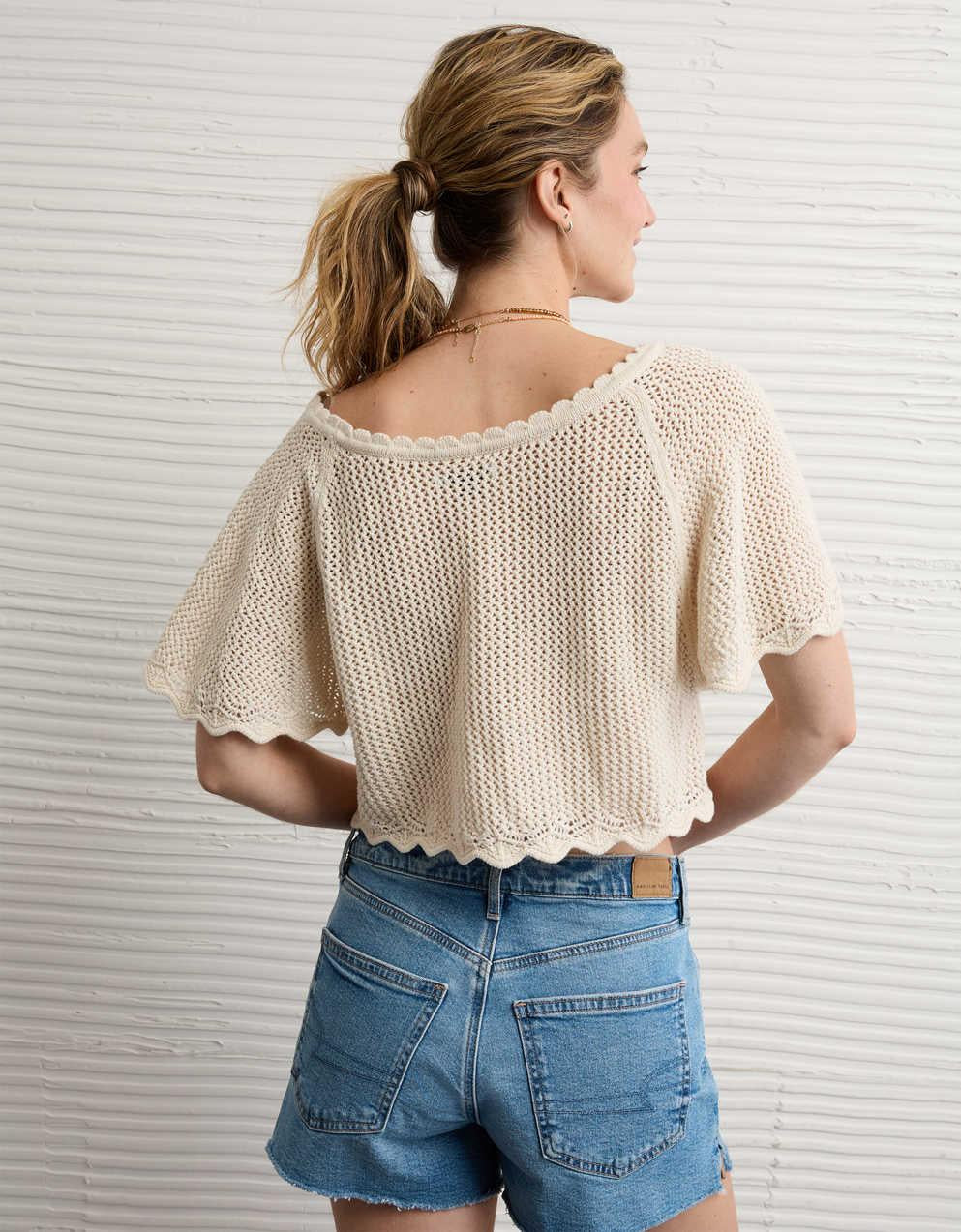 AE Off-the-Shoulder Cropped Crochet Tee