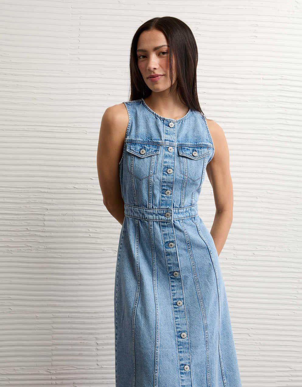 american eagle denim dress AE Mini up front/Sleeveless with halter stra AE Denim Utility Mini Dress