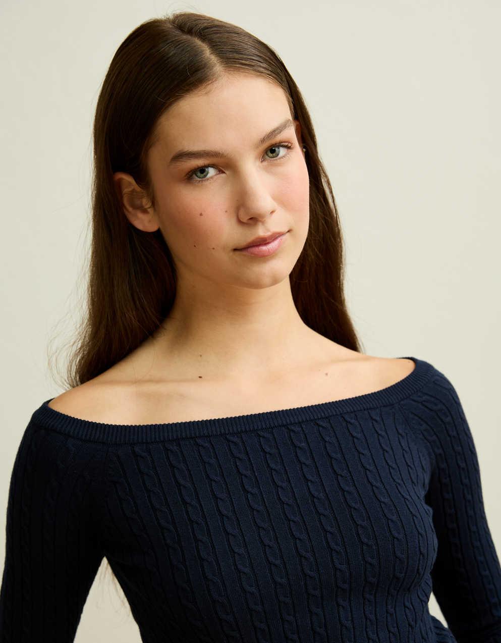 AE Fitted Off-the-Shoulder Cable Knit Sweater