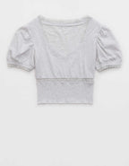 Aerie Cropped Lace Trim V-Neck T-Shirt