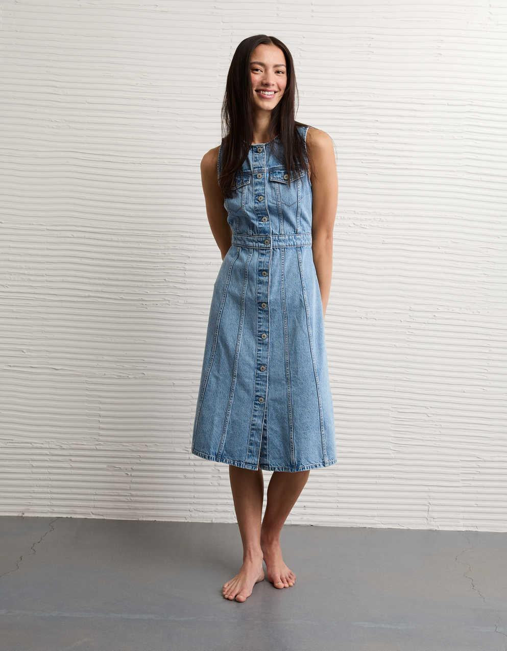 AE Button-Up Denim Midi Dress