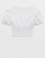Aerie Cropped Lace Trim V-Neck T-Shirt