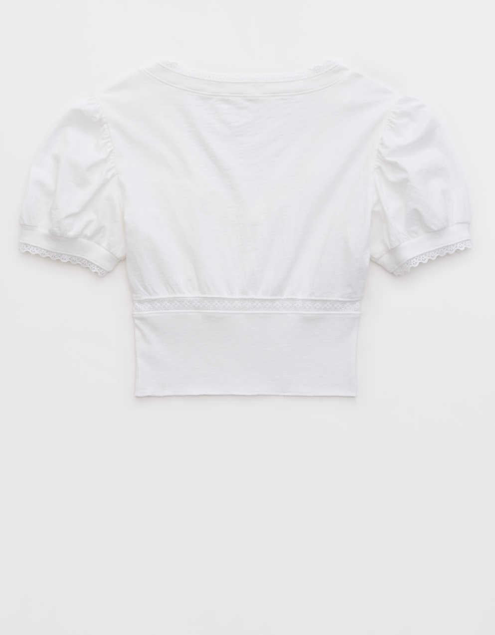 Aerie Cropped Lace Trim V-Neck T-Shirt