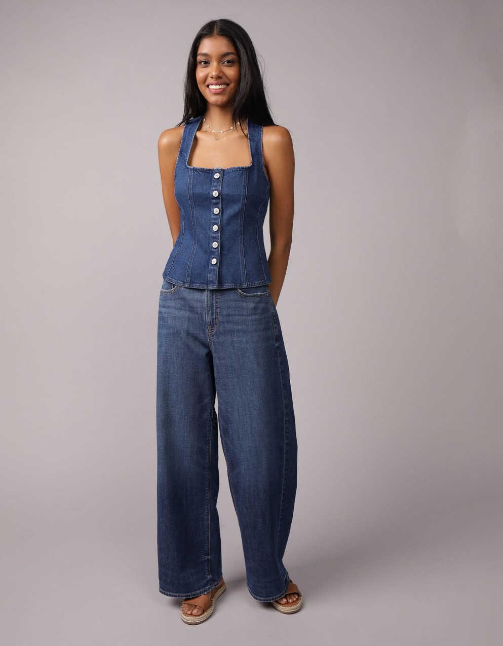 AE Square Neck Button-Up Denim Vest