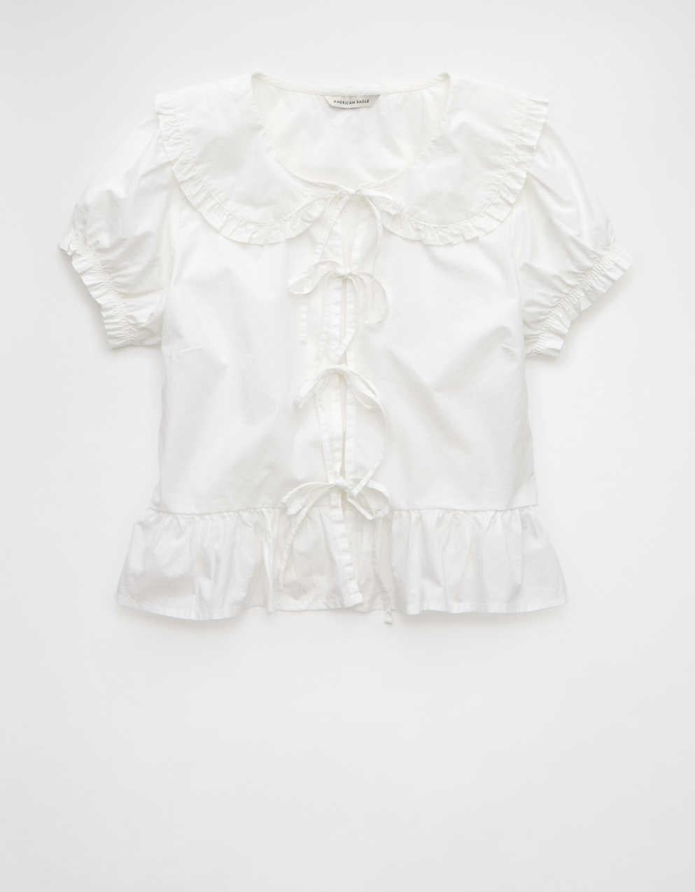 AE Collared Puff Sleeve Tie Front Blouse