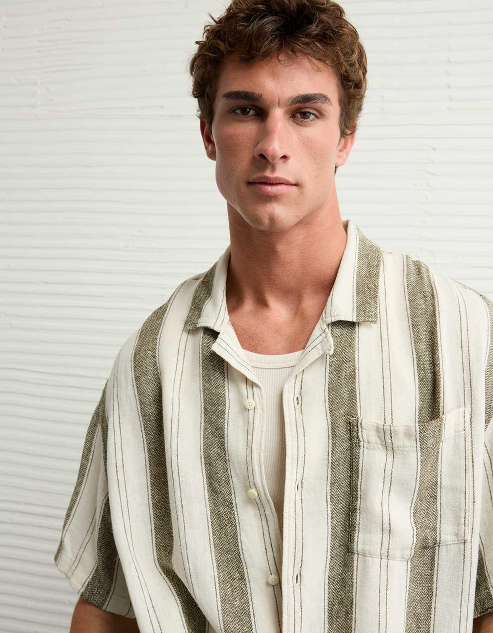AE Poolside Linen-Blend Striped Button-Up Shirt