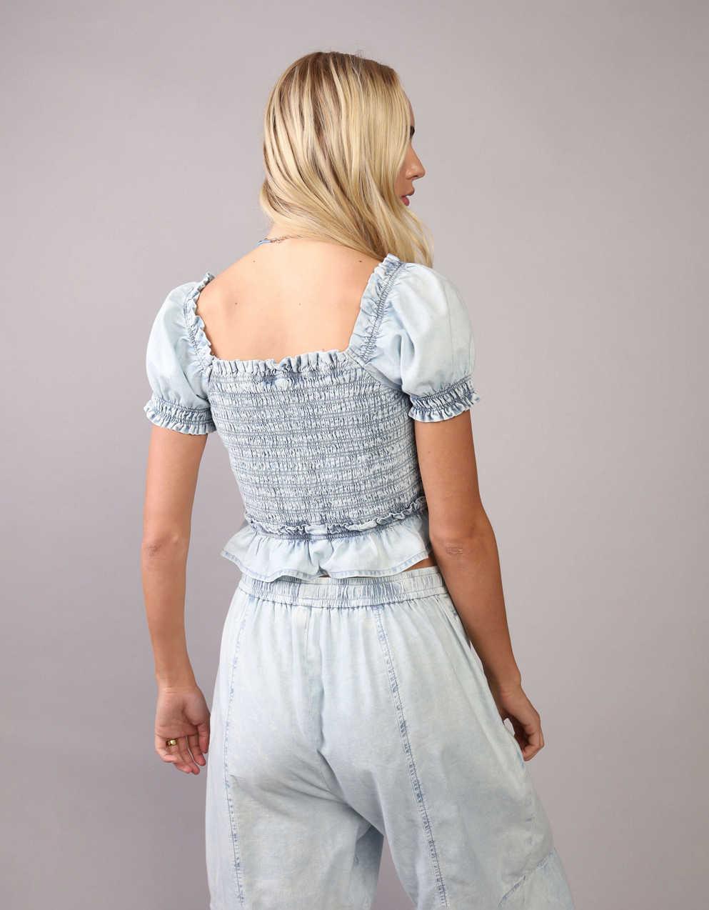 AE High Neck Puff Sleeve Smocked T-Shirt