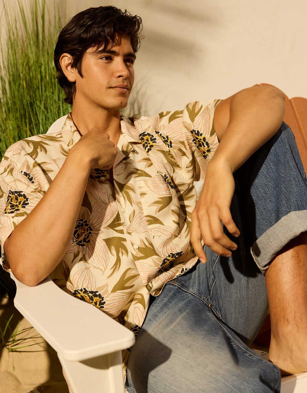 AE Relaxed Fit Camp Collar Button-Up Shirt