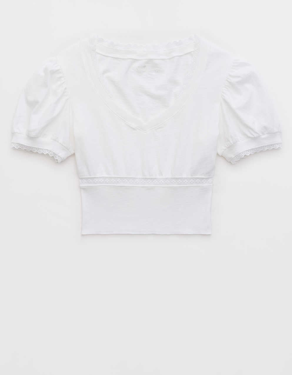 Aerie Cropped Lace Trim V-Neck T-Shirt