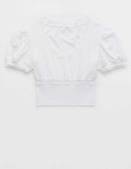 Aerie Cropped Lace Trim V-Neck T-Shirt