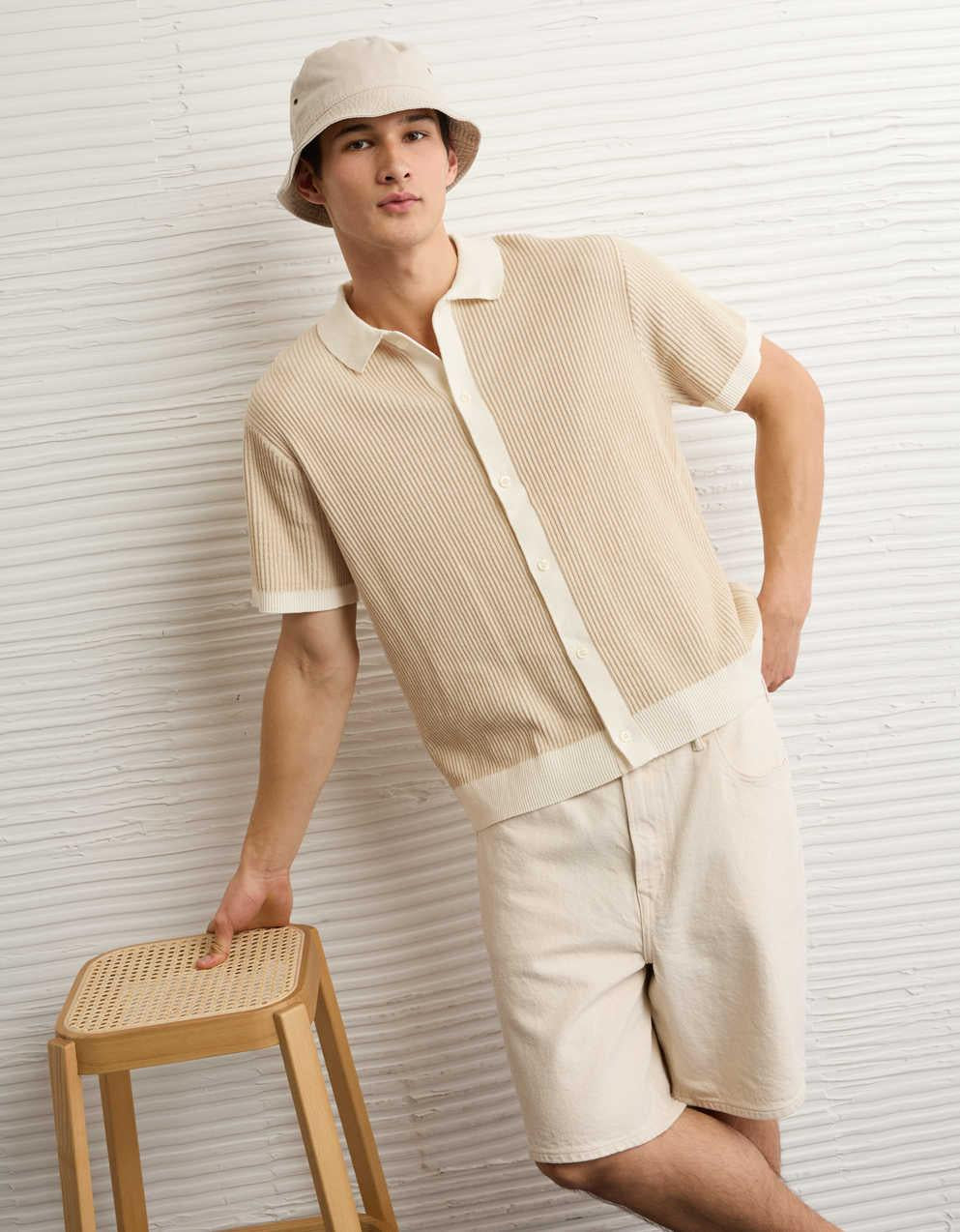 AE Striped Button-Up Sweater Polo