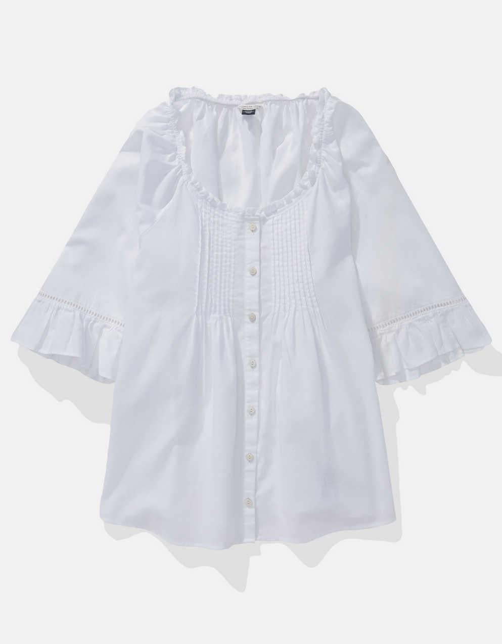 AE Linen-Blend Ruffle Blouse