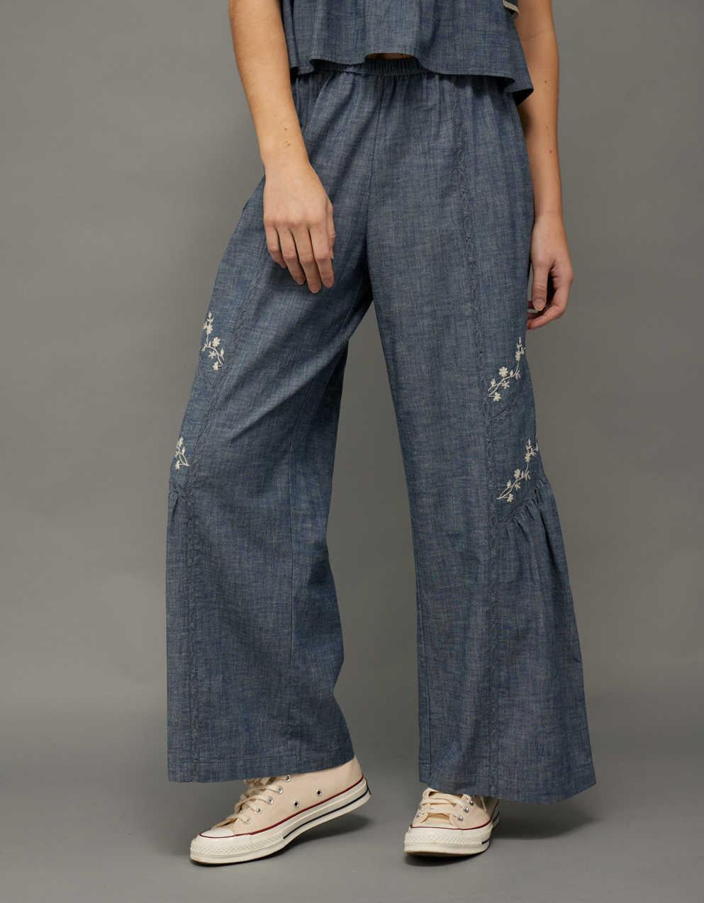 AE Stretch High-Waisted Embroidered Wide-Leg Pant
