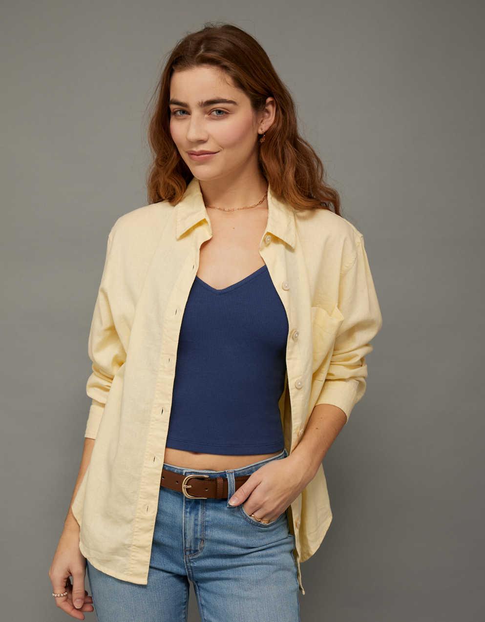 AE Oversized Linen-Blend Button-Up Shirt