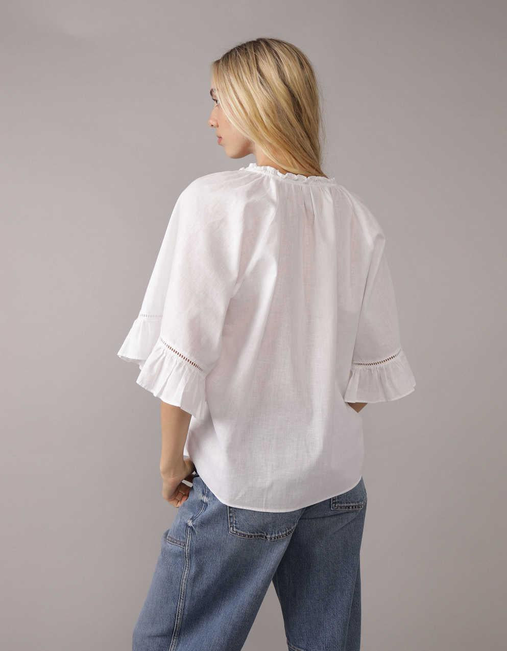 AE Linen-Blend Ruffle Blouse